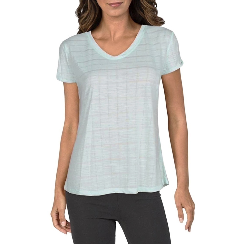 Splendid Bleached Aqua Grid V-Neck Top Active Fitness Workout, Athletic Stretch